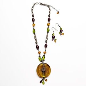 Jennifer Lee Y2K Art Glass Amber Pendant Beaded Necklace and Earrings Set